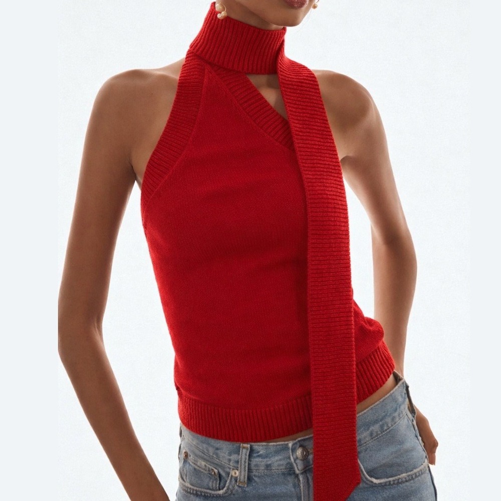 Reformation | Allegra Cotton Halter Scarf Knit Sweater Tank Sun-Dried Tomato Red